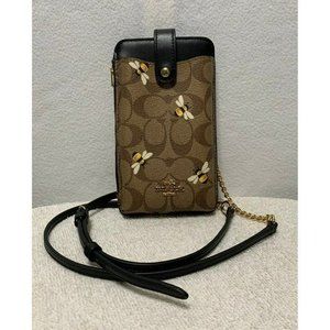 Coach North South Phone Crossbody In Signature Canvas With Bee Print Khaki